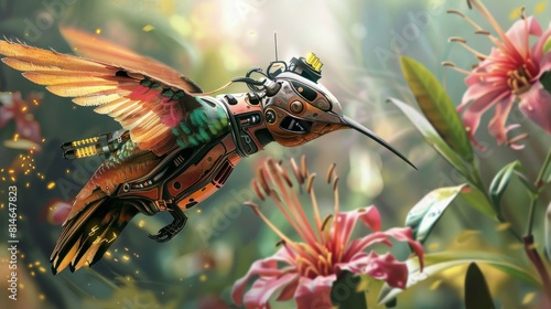 Intricate mechanical hummingbird hovering over a vibrant flower against an artistic backdrop © Yusif