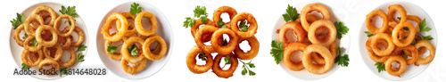 Golden fried onion rings with 
coriander in plate, crunchy snack,, top view,  isolated transparent png