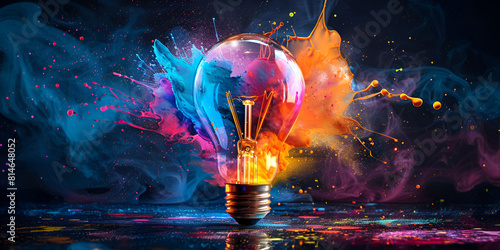 Colorful bulb lamp. Light bulb explodes with colorful paint and splashes isolated on black. Colours of life blurred background photo