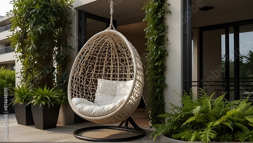 Hanging cocoon chair among living plants on the terrace of residential building. photo