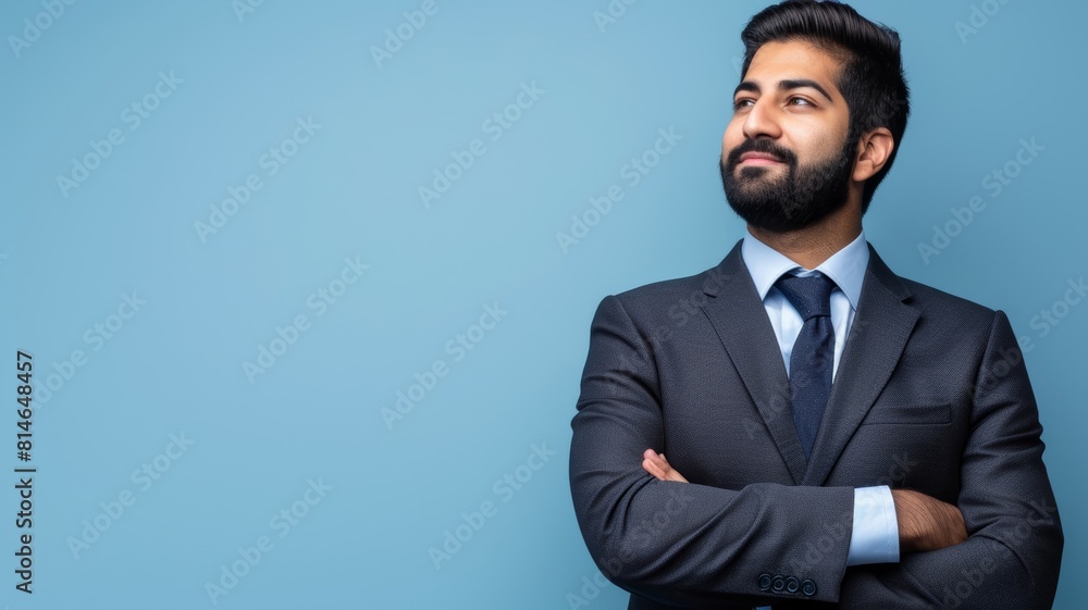 A well-groomed man in a suit poses confidently with arms crossed against a blue background, ideal for career or corporate-related themes. A well-groomed man in a suit poses confidently with arms crossed against a blue background, ideal for career or corporate-related themes.