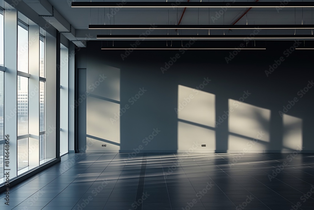 A spacious modern interior with dark tiles large windows and geometric shadows cast by natural light A spacious modern interior with dark tiles large windows and geometric shadows cast by natural light
