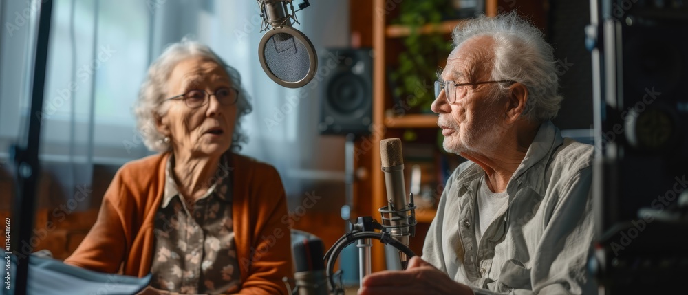 Elderly couple in a recording studio with microphones, in warm intimate atmosphere, suitable for storytelling, podcasts, and radio events.