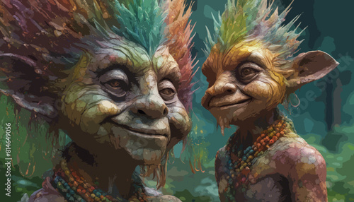 Zwei verzaubernde, überglückliche Gnome im Wald. Vektor - Grafik