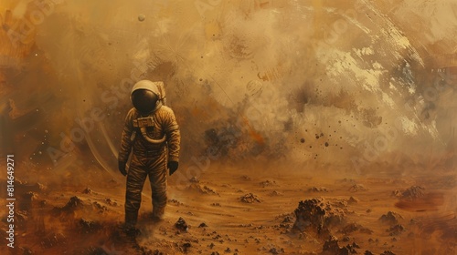 Lone astronaut on a barren alien planet under a large moon