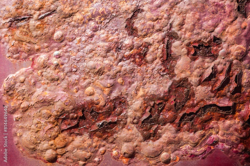 Obraz premium Closeup of a rusty painted surface on a red car