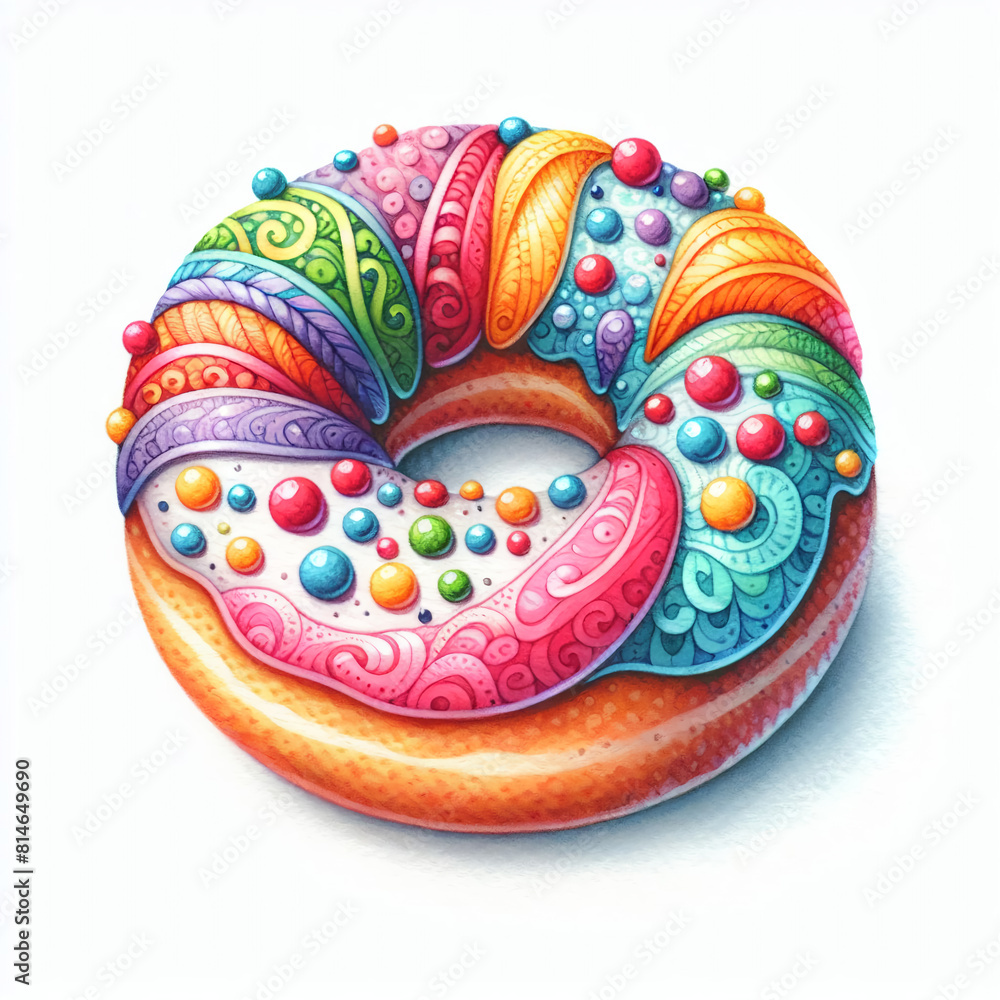 Watercolor Drawing of a Cute Little Colored Donut on a White Background Clipart