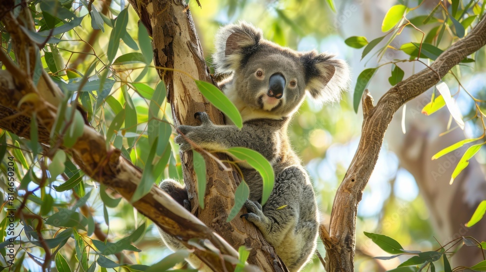 Fototapeta premium A koala is comfortably perched on the branches of a eucalyptus tree, surrounded by lush green leaves. The adorable marsupial is calmly observing its surroundings in its natural habitat.