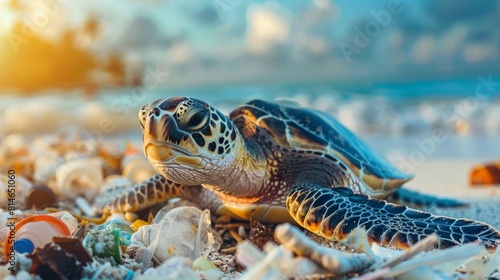 Turtle Amidst Plastic Waste on Beach at Sunset. Pollution Impact on Marine Life. Generative ai © Iuliia Metkalova