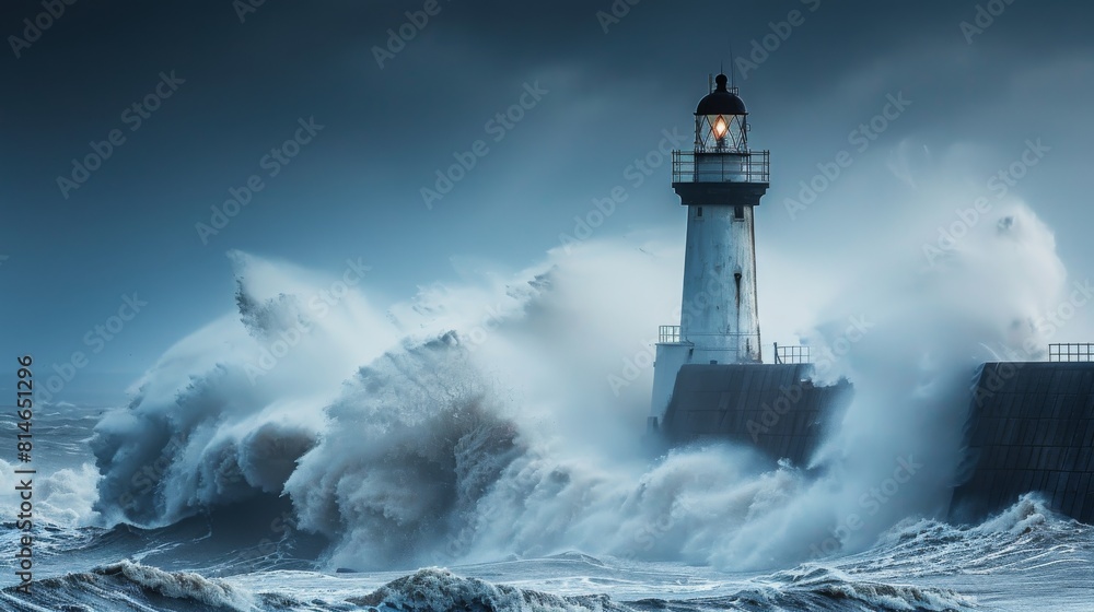 Majestic lighthouse standing resilient amid stormy sea waves under dark cloudy skies