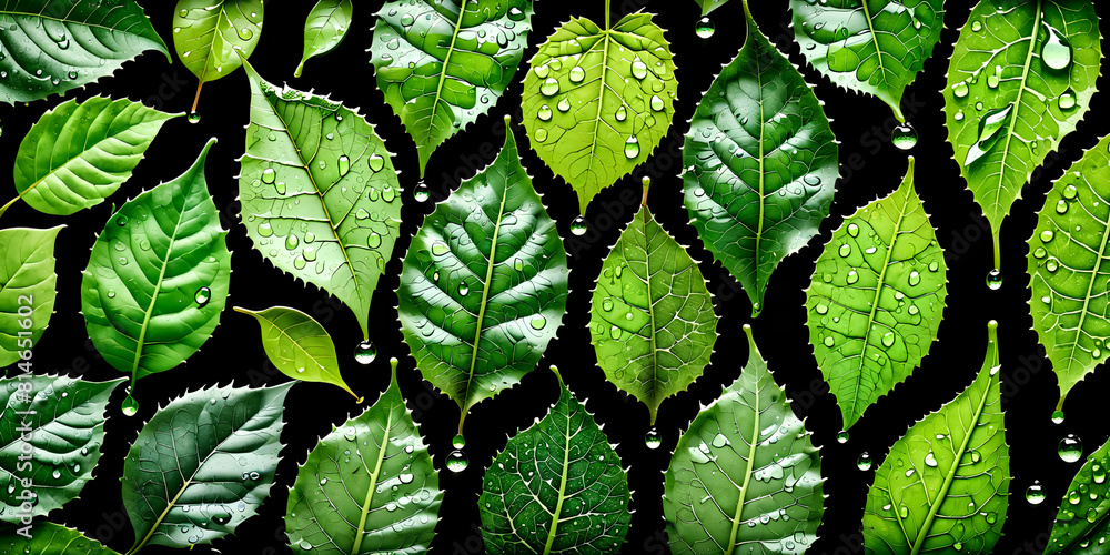 Create an image of a dense collection of vibrant green leaves water drops, showcasing different shades of green and intricate vein patterns. Create an image of a dense collection of vibrant green leaves water drops, showcasing different shades of green and intricate vein patterns.