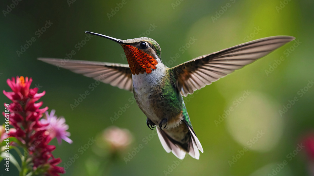 Fototapeta premium Stunning Pretty Hummingbird In Flight Soft Bokeh Background With Flowers And Natural Colours 300PPi High Resolution Image