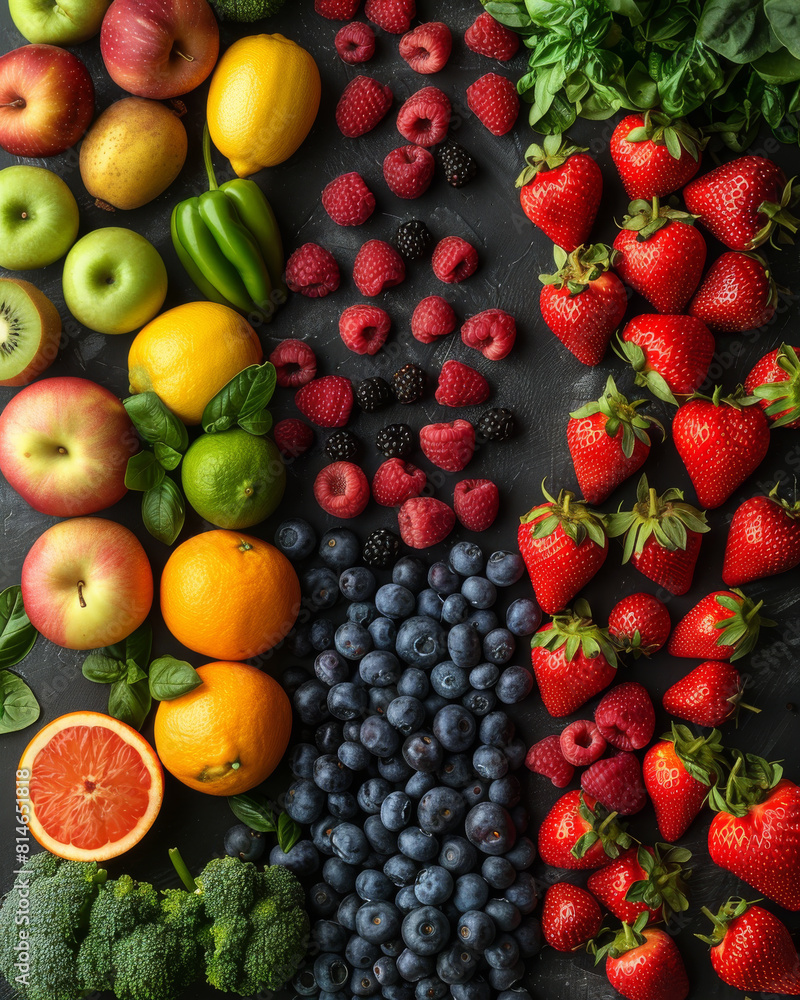 A vibrant spread of assorted fruits and berries, including strawberries, blueberries, and apples, arranged on a dark slate background.
A vibrant spread of assorted fruits and berries, including strawberries, blueberries, and apples, arranged on a dark slate background.