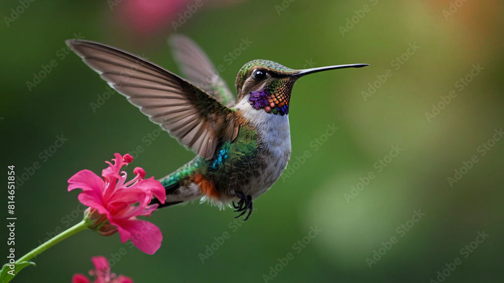 Fototapeta premium Stunning Pretty Hummingbird In Flight Soft Bokeh Background With Flowers And Natural Colours 300PPi High Resolution Image