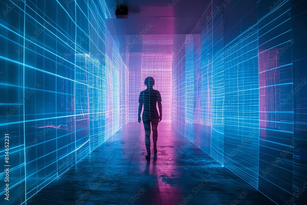 The image is a dark, futuristic, and mysterious The image is a dark, futuristic, and mysterious
