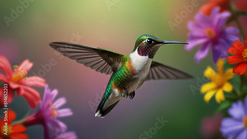 Stunning Pretty Hummingbird In Flight Soft Bokeh Background With Flowers And Natural Colours 300PPi High Resolution Image