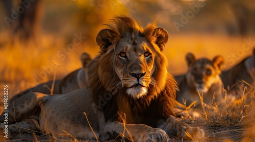 Majestic lion pride resting in the golden savanna during sunset