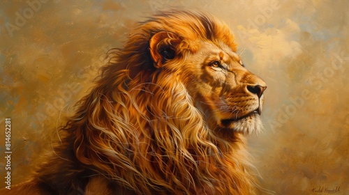 Majestic lion portrait with flowing mane in naturalistic artistic style