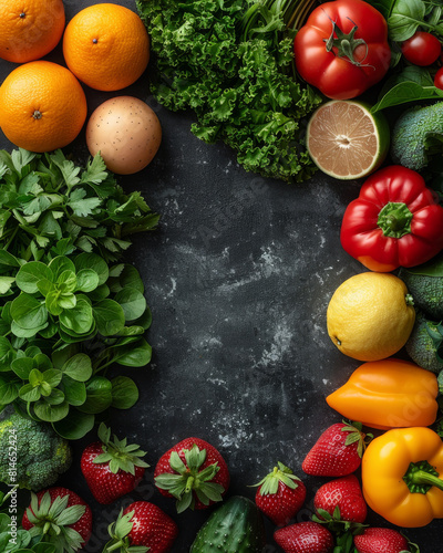 A diverse and colorful selection of fresh vegetables and fruits  including kale  tomatoes  and strawberries  neatly displayed on a dark slate background. 