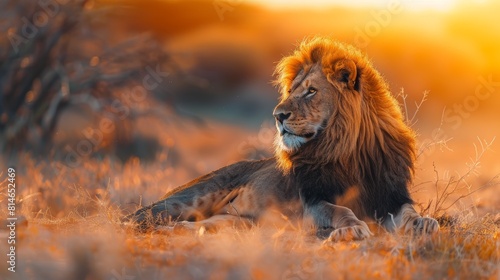 Majestic lion resting in golden light on the savanna at sunset