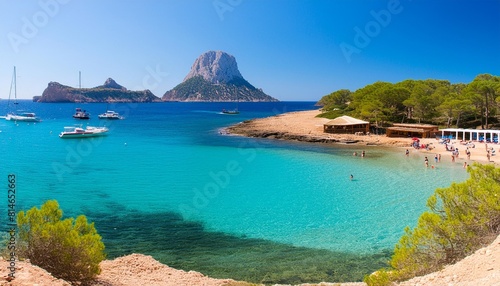 cala d hort beach cala d hort in summer is extremely popular beach have a fantastic view of the mysterious island of es vedra ibiza island balearic islands europe espana spain photo