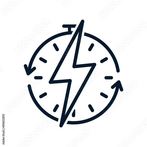 Clock, lightning. Fast charging concept. Vector linear icon isolated on white background.