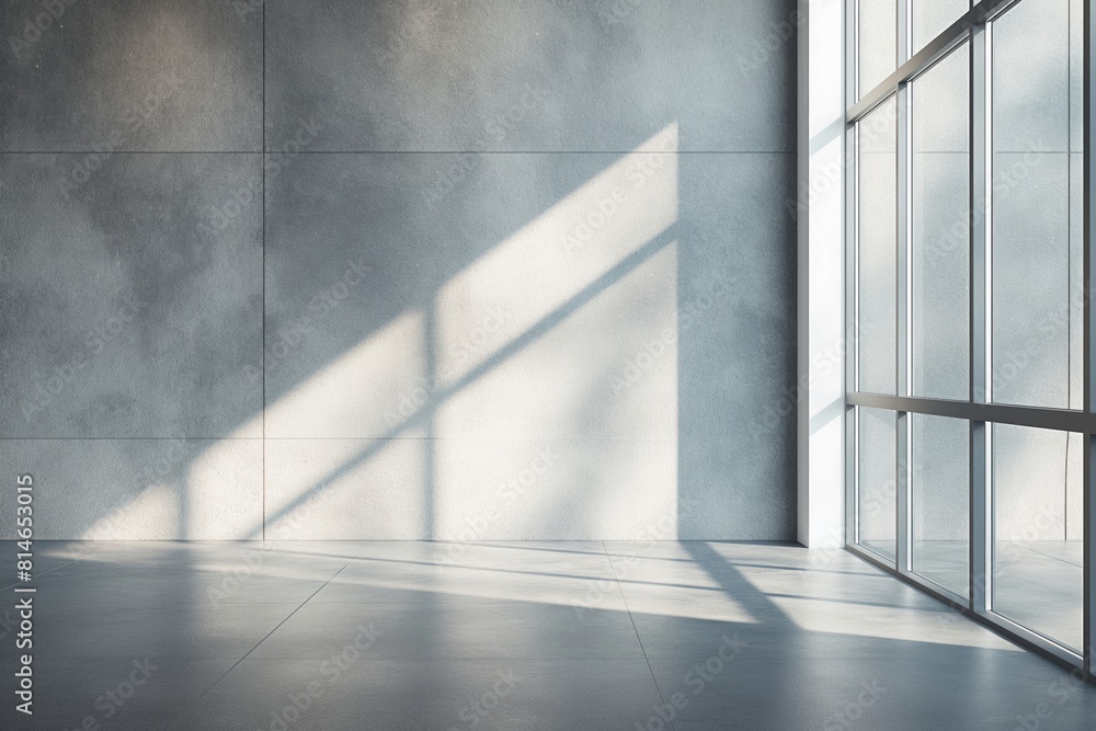 A bright, minimalist interior with concrete walls, large windows, and sunlight streaming A bright, minimalist interior with concrete walls, large windows, and sunlight streaming