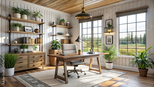 Farmhouse interior design style house office with desk © vectorize