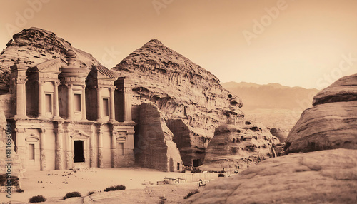 Ancient ruins of a lost temple among the rocks in the desert. Sepia toned. Retro style 