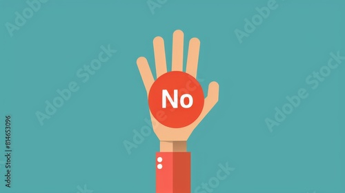 A hand is shown holding a red button with the word no written on it. The image depicts a clear rejection or refusal gesture.