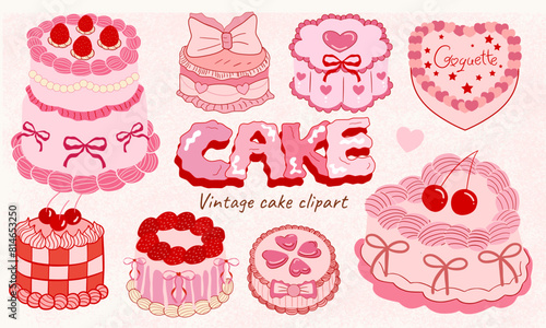 Coquette cake, Vintage Pink Cake Collection with Retro Decorations and Heart cake, pink coquette clipart , y2k clipart, pink ribbon, Pink Coquette Ribbon Clipart Gift bow valentine 