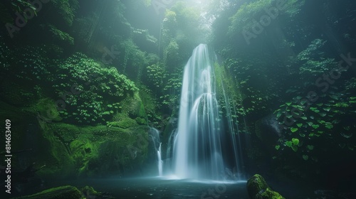 Majestic waterfall cascading through a lush  green rainforest with sunlight filtering through