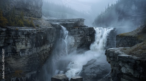 Majestic waterfall in a misty rocky gorge under a soft light