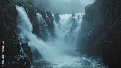 Majestic waterfall in a misty rocky gorge under a soft light