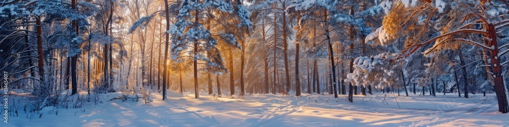 Winter Tree Scene. Beautiful Panorama of Snow-covered Pine Trees on a Cold Evening Winter Tree Scene. Beautiful Panorama of Snow-covered Pine Trees on a Cold Evening