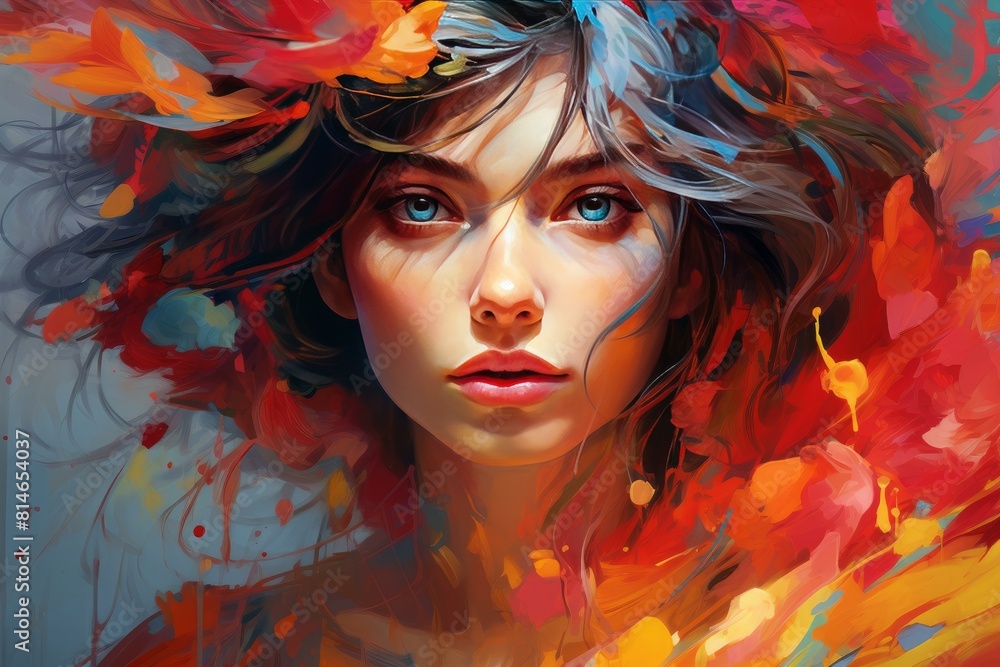 Vibrant digital painting of a woman amidst a flurry of rich, explosive colors