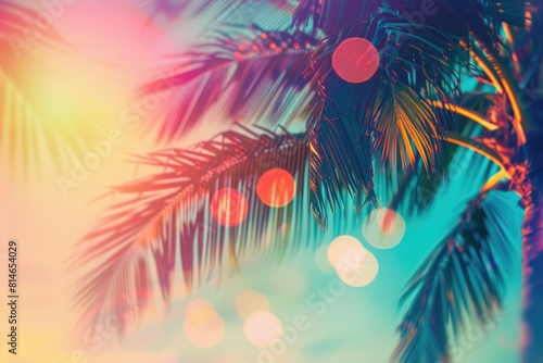 Sunrise Retro. Beautiful Tropical Palm Tree on Sunset Sky. Relaxation and Adventure Concept