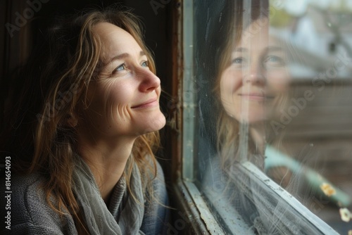 Happy Window. Contemplative Woman Looking Through Window with Happiness © AIGen