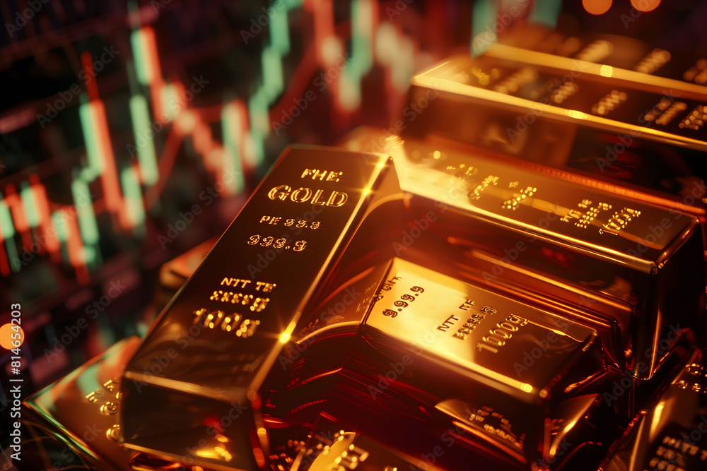 Close-up of gold bars and stock market graph and charts Close-up of gold bars and stock market graph and charts