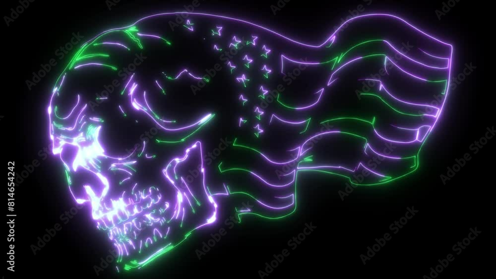 neon animation of skull with american flag. neon animation of skull with american flag.