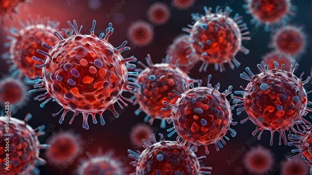 Virus Cells, Viruses, Virus Cells under microscope, floating in fluid with red background. Virus Cells, Viruses, Virus Cells under microscope, floating in fluid with red background.