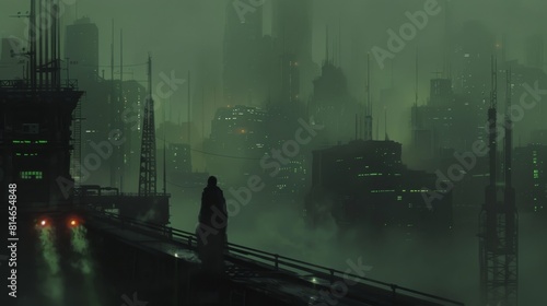 Mysterious man in a neon-lit city under a foggy sky: a futuristic urban landscape