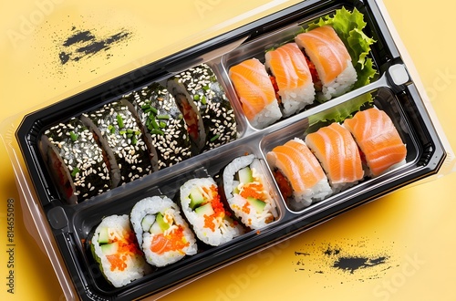 Close-up of sushi and maki rolls in a delivery tray on a pale yellow background. Japanese traditional food.