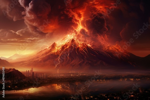 Dramatic image depicting a massive volcanic eruption towering over a modern city at sunset