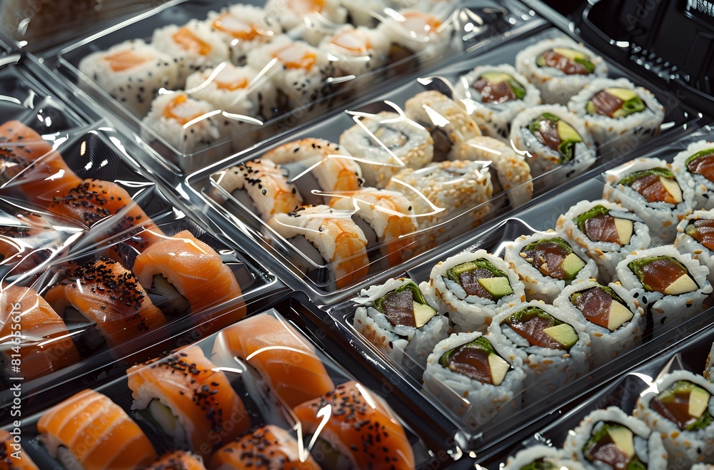 Close-up of sushi rolls in plastic packaging for delivery. Japanese traditional food.