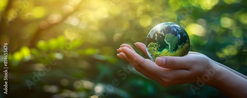 A hand holding a small globe with a nature background symbolizes environmental conservation, suitable for Earth Day or World Environment Day themes.