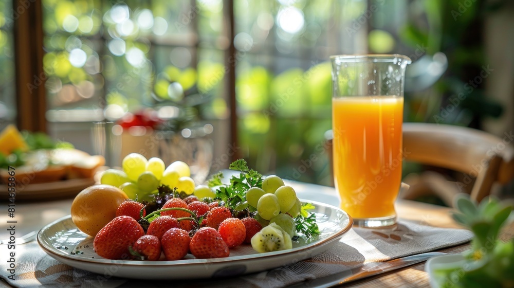 A mother's day breakfast setup with a single plate and glass of juice on a white table. A mother's day breakfast setup with a single plate and glass of juice on a white table.
