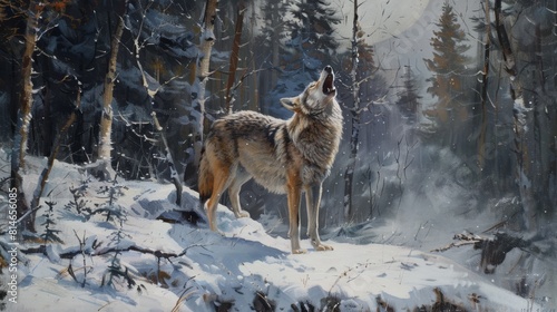 Mystical winter scene with a lone wolf howling at the moon in a snowy forest