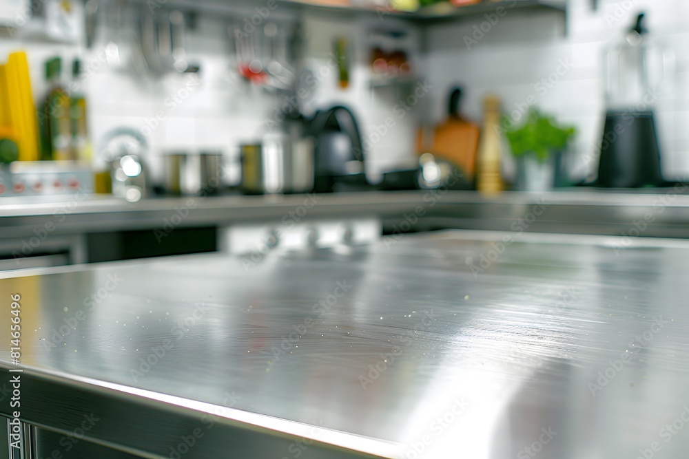 Blurred background of a professional kitchen with a stainless steel counter top and cooking utensils in a restaurant or commercial setting for product display or a mockup design template Blurred background of a professional kitchen with a stainless steel counter top and cooking utensils in a restaurant or commercial setting for product display or a mockup design template