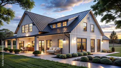 Farmhouse interior design style house architecture at dusk